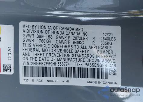 2022 Honda Civic Sport from USA, damaged, VIN 2HGFE2F59NH556774